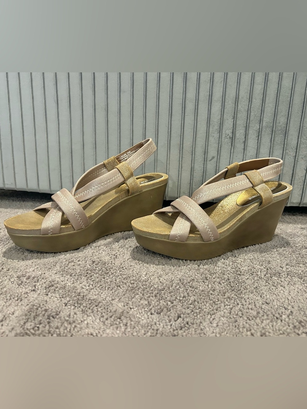Donald J. Pliner Beige and Gold Wedge Sandals